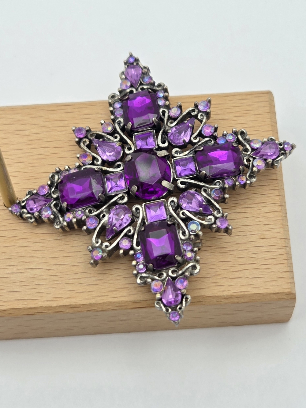Vintage Purple Acrylic Rhinestone Maltese Cross Brooch Pin Antiqued Silver Tone
